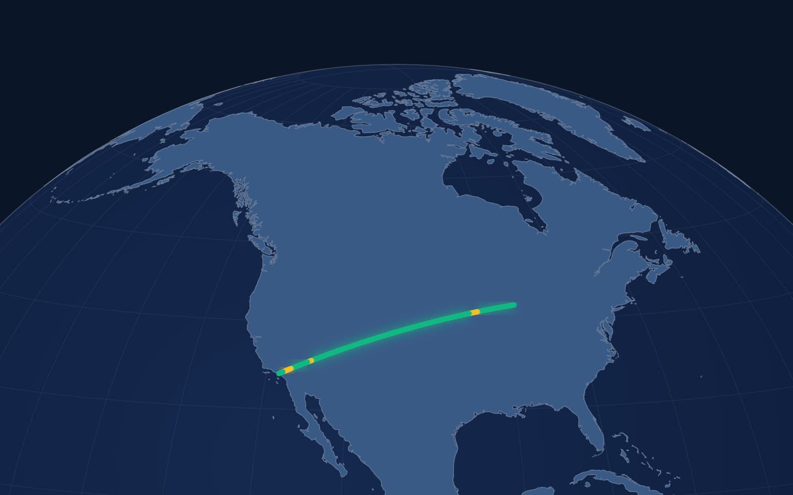 Globe with a Chicago to Los Angeles flight path drawn in Turbcast turbulence forecast colours