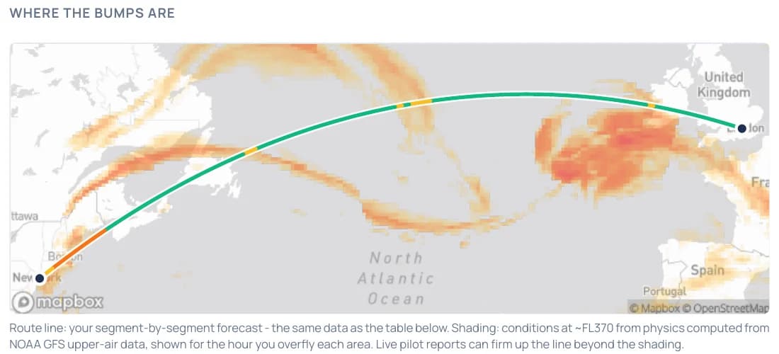 Turbcast turbulence map: the London to New York route over the North Atlantic, coloured by forecast turbulence, over shaded areas of rougher air at cruise height